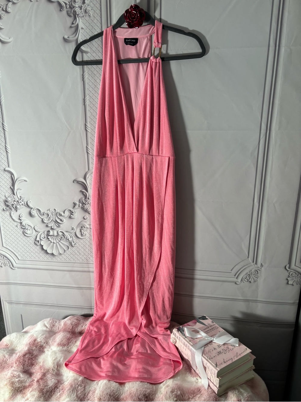 Bebé Sexy Pink Slinky Asymmetrical Halter Dress-Size XS